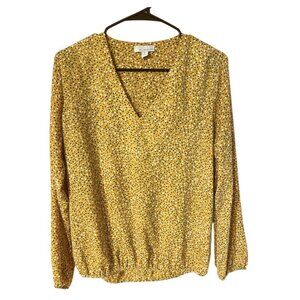 ALLISON JOY Mustard Polka Dot Long Sleeve Blouse V-Neck Elastic Hem Womens S